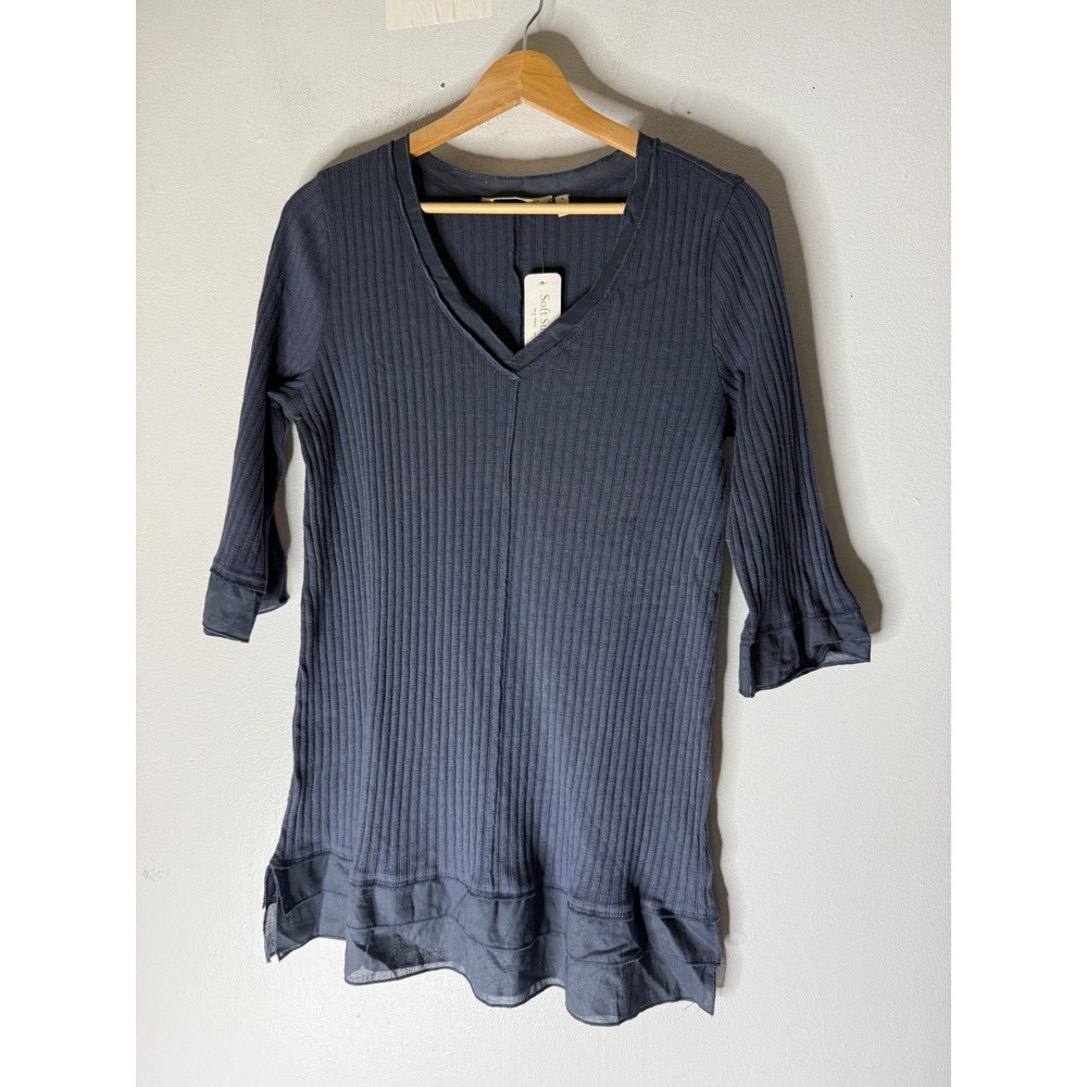 Soft Surroundings cotton Top small Blue 3/4 Sleeve Ribbed Knit Layered top NWT